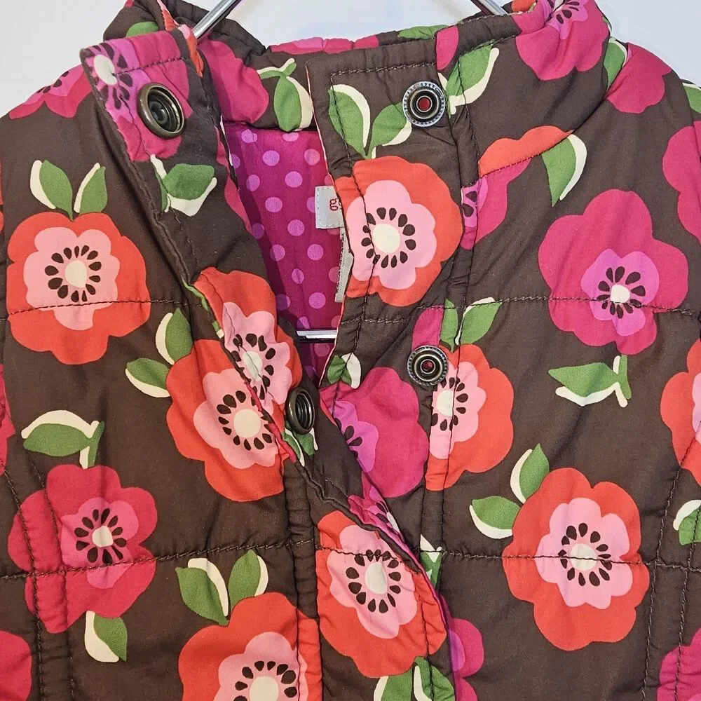 Girls Oshkosh Genuine Kids Full Zip Brown w/ Flowers Quilted Puffer Vest Size 5T